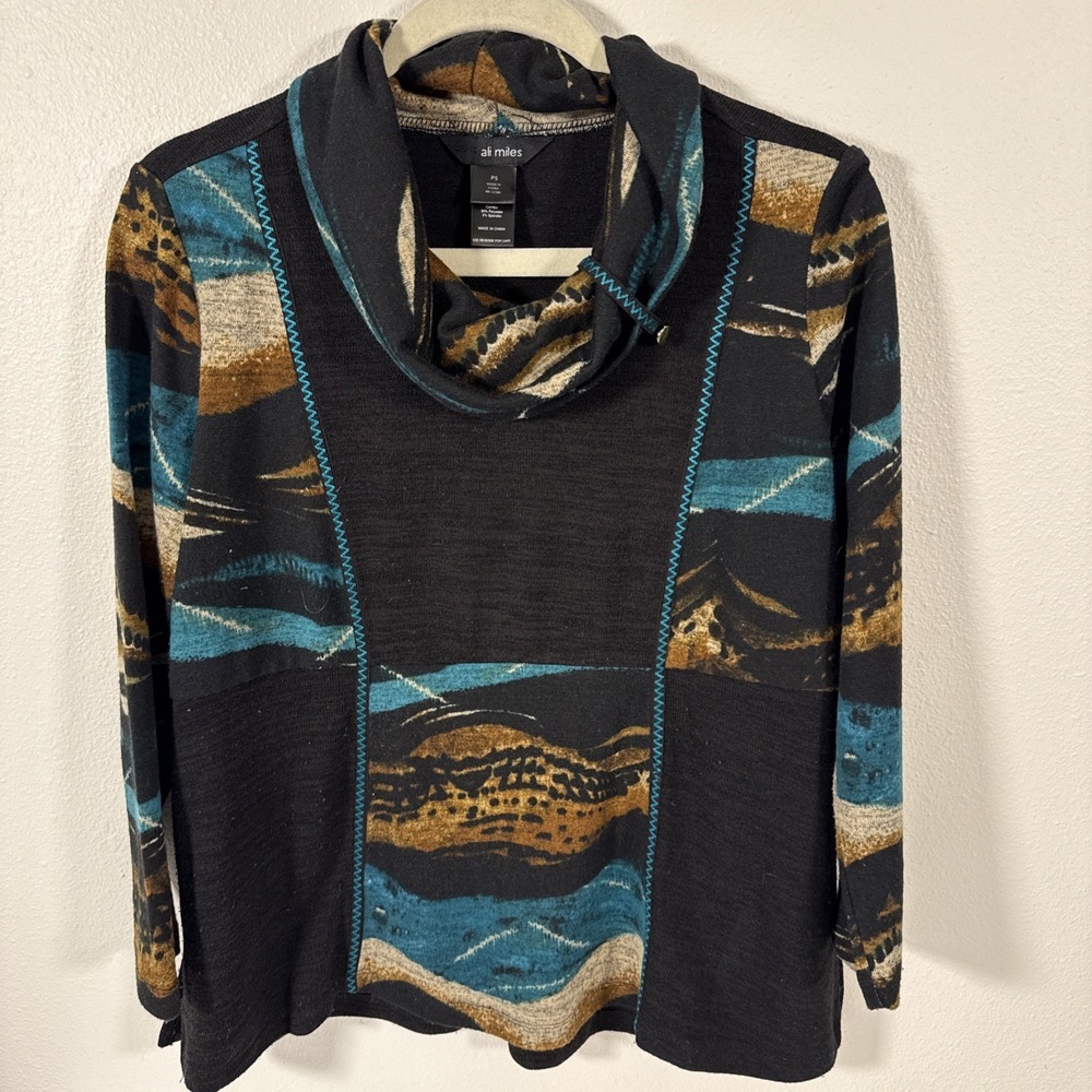 Ali Miles Cowl Neck Paint Stroke Abstract Sweater Artsy Art to Wear Sz PS‎ G2